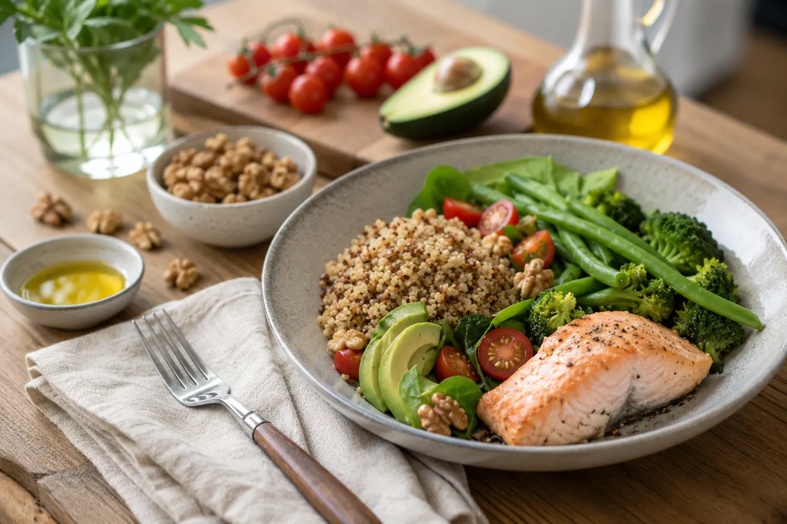 Équilibre glucides lipides avec saumon, quinoa, avocat, légumes verts et noix dans une assiette gourmande et rassasiante.