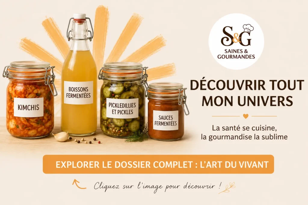 Bocaux Le Parfait de kimchis, boissons fermentées, pickles et sauces fermentées présentés dans une bannière Saines & Gourmandes autour de la lacto-fermentation maison