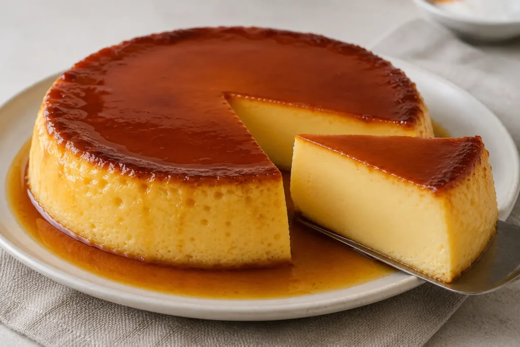 Flan à la texture lisse et fondante avec une part découpée, montrant une tenue nette grâce à la fécule de pomme de terre.