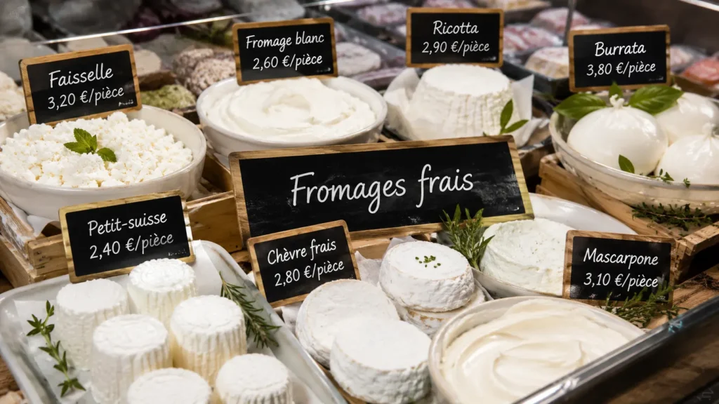 Fromages frais variés présentés sur un étal avec faisselle, ricotta, burrata et fromage blanc frais