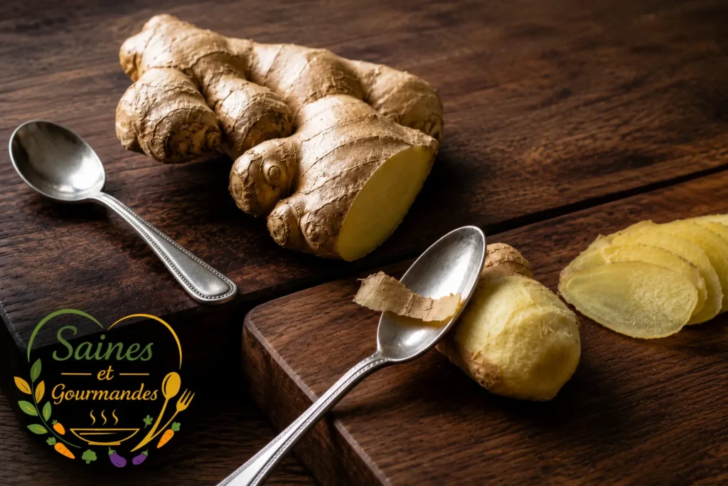 Gingembre frais entier et coupé sur planches en bois foncé avec cuillères métalliques et fines lamelles de gingembre, photo culinaire Saines et Gourmandes.