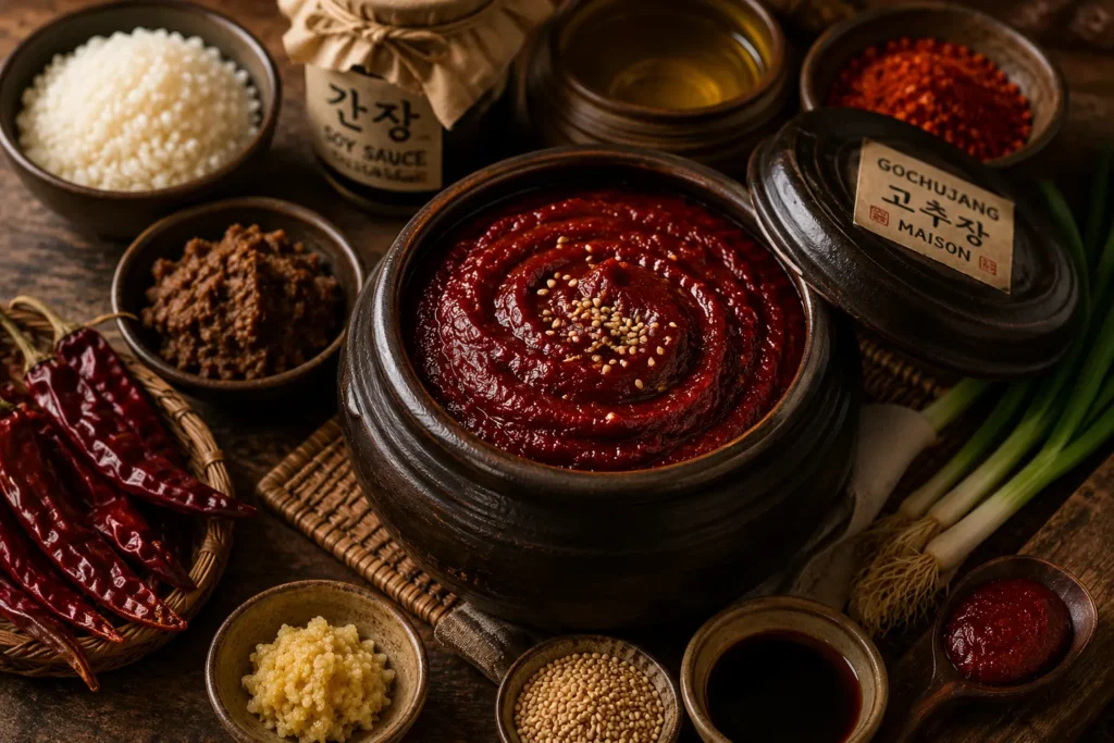 gochujang maison coréen dans une jarre artisanale avec pâte rouge fermentée, piments séchés, riz gluant, soja et huile de sésame sur table rustique asiatique