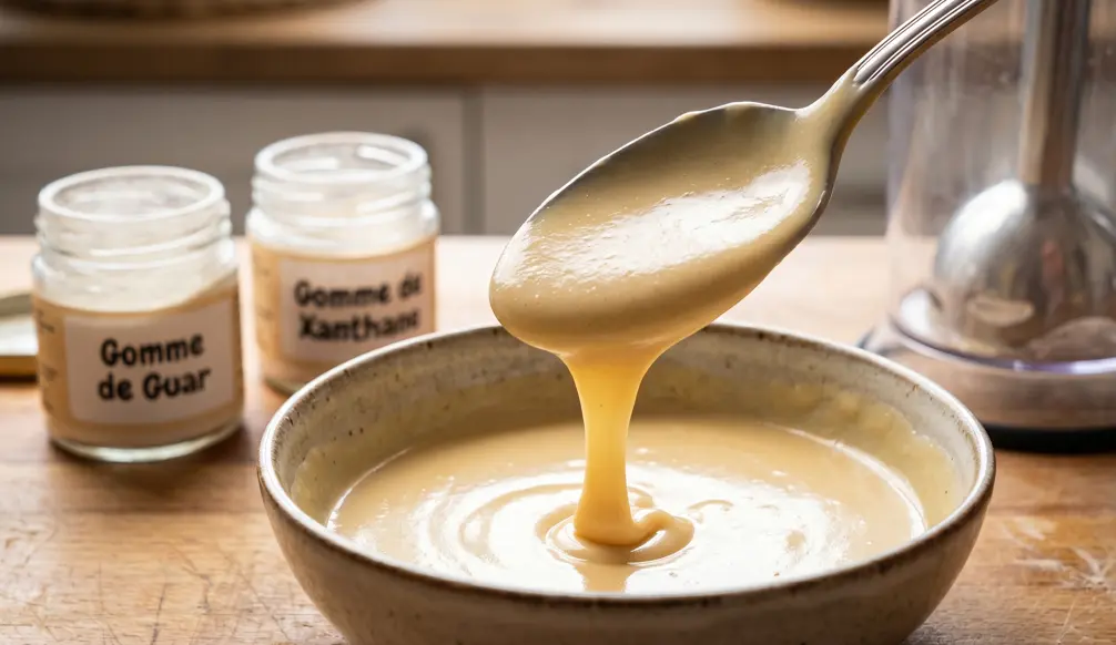 Gommes de xanthane et de guar : une cuillère en inox prélève une sauce à la texture lisse et onctueuse, démontrant l'efficacité du mélange. La sauce nappe généreusement la cuillère et s'écoule en un ruban épais dans un bol en céramique. En arrière-plan, deux petits pots en verre étiquetés "Gomme de Guar" et Gommes de xanthane et de guar utilisées pour épaissir une sauce crémeuse dans un bol avec texture nappante