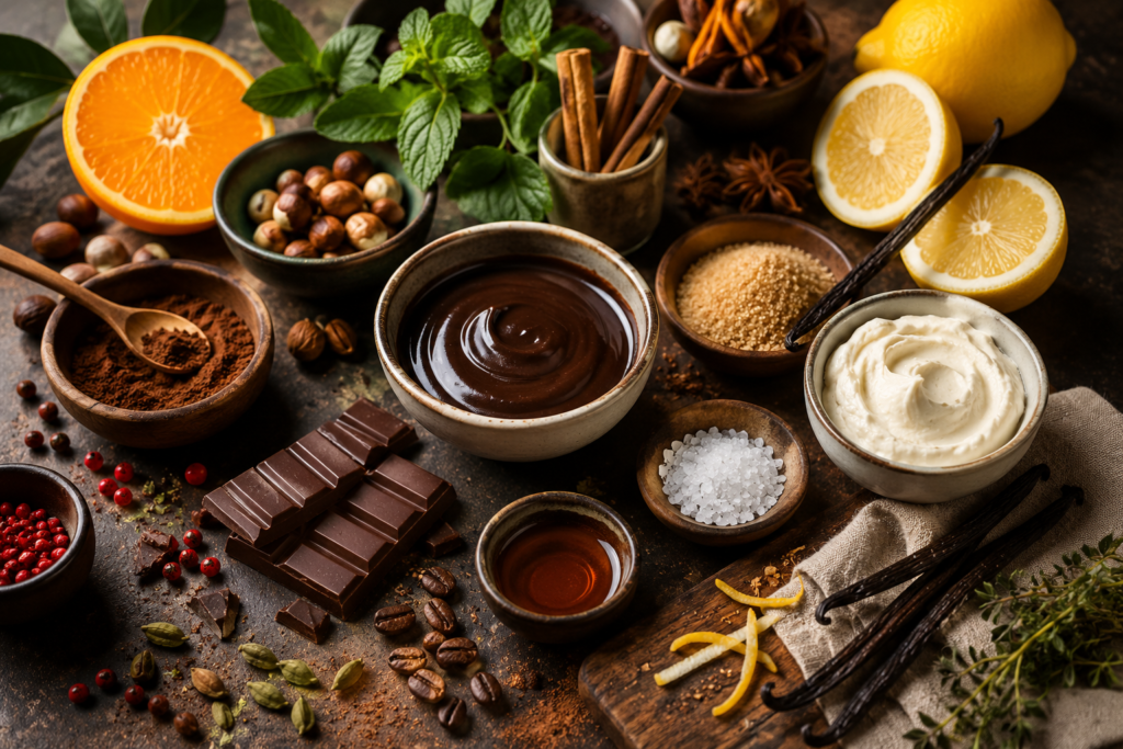 Goût maîtrisé : épices, chocolat, agrumes, vanille et textures gourmandes illustrant l’équilibre des saveurs en cuisine IGBAs.