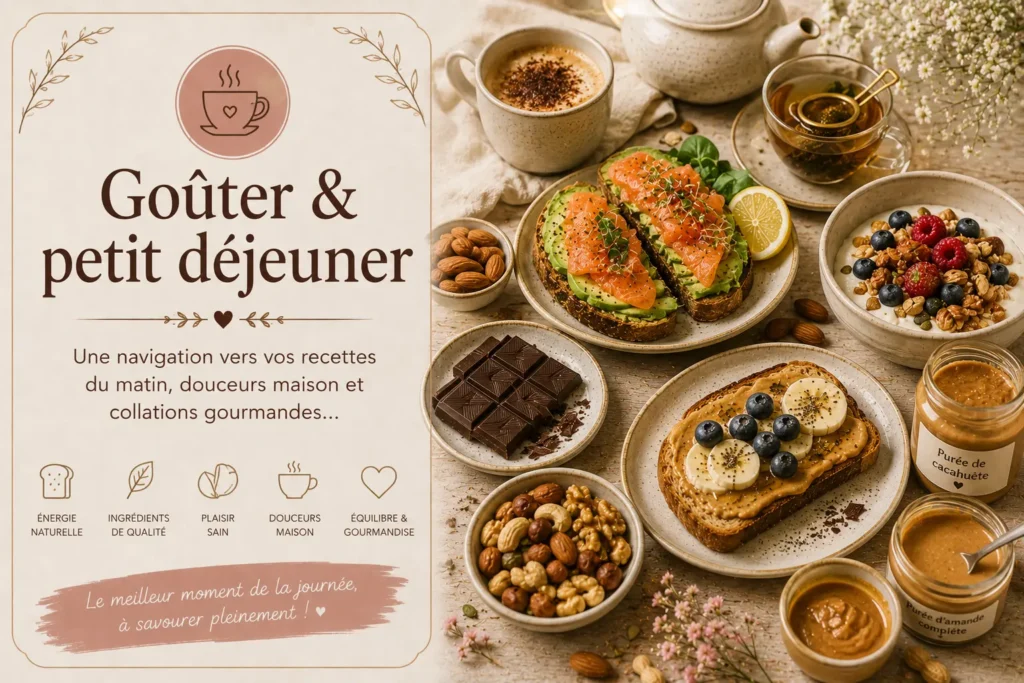 Catégorie goûter et petit déjeuner Saines & Gourmandes avec tartines salées, avocat, saumon, cakes maison, fruits et boissons chaudes