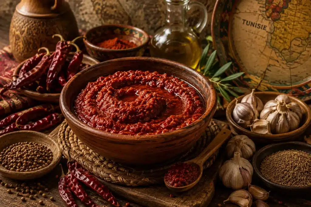 harissa maison tunisienne dans un bol artisanal avec piments séchés, ail, carvi, huile d’olive et globe ancien sur table rustique chaleureuse