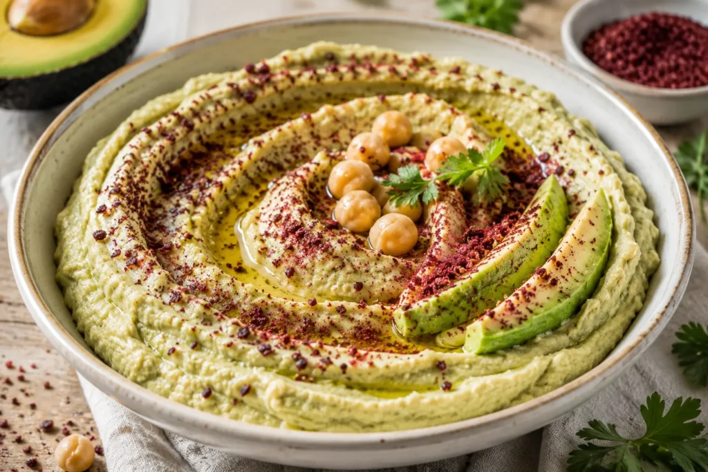 Houmous à l’avocat garni de sumac et d’huile d’olive avec contraste pourpre brillant