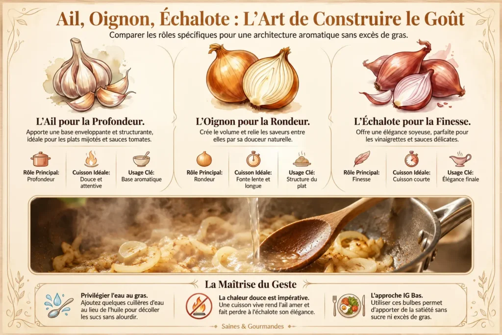 Infographie culinaire vintage comparant ail, oignon et échalote avec leurs rôles aromatiques, cuissons idéales et gestes de cuisine pour construire le goût en cuisine IG Bas.