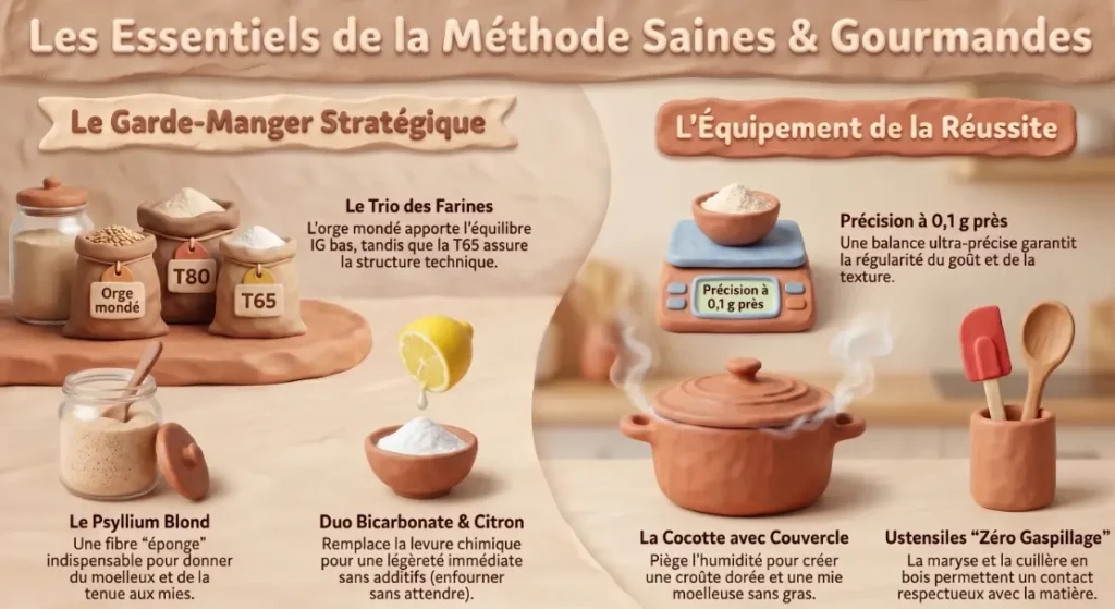 Infographie des essentiels d’un placard IG bas avec trio de farines, psyllium blond, balance de précision, cocotte et ustensiles de cuisine Saines & Gourmandes.