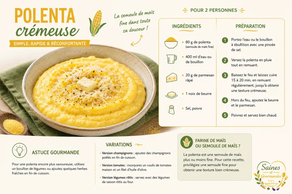 Infographie Saines & Gourmandes d’une polenta crémeuse réalisée avec de la semoule de maïs fine