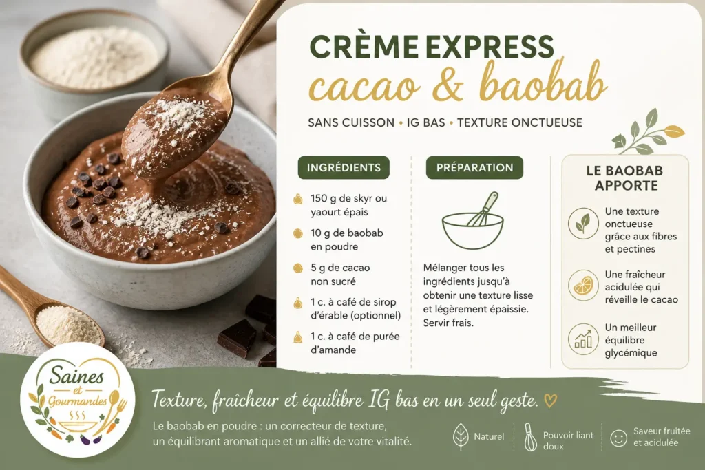 crème cacao au baobab texture onctueuse recette IG bas sans cuisson avec baobab en poudre