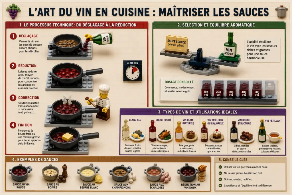 Infographie style Lego sur les erreurs fréquentes du vin en cuisine montrant le déglaçage, la réduction, le choix du vin et l’équilibre aromatique dans des scènes culinaires miniatures.