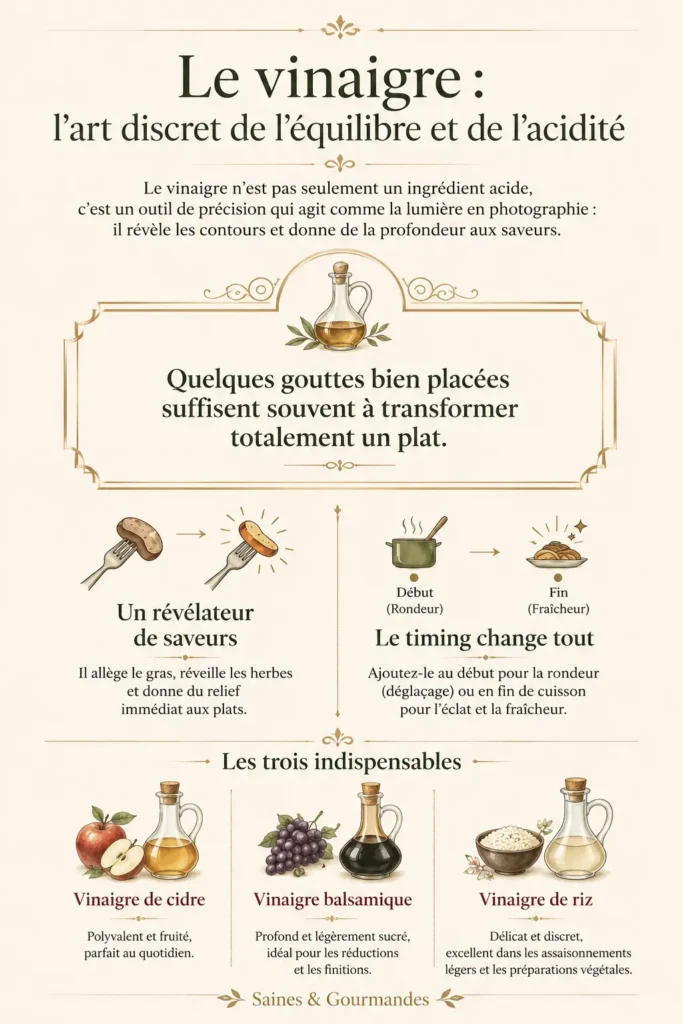 Infographie vintage sur le vinaigre montrant le rôle de l’acidité en cuisine, le moment d’ajout pendant la cuisson et trois vinaigres essentiels pour équilibrer les saveurs.