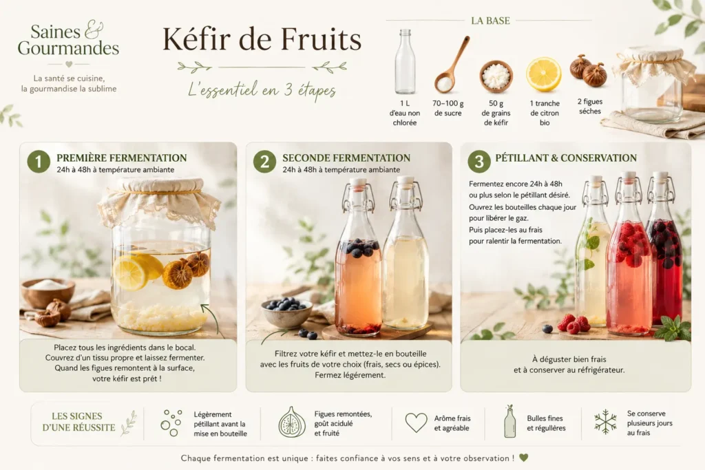 Infographie pédagogique « Kéfir de fruits » présentant les trois étapes de fermentation avec bocal en verre, bouteilles limonade, citron, figues, myrtilles et boissons pétillantes maison.