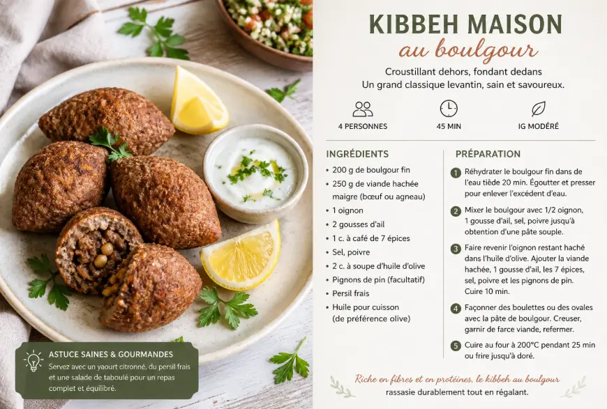 kibbeh maison au boulgour dorés, servis avec citron et sauce au yaourt, accompagnés d’une mini recette