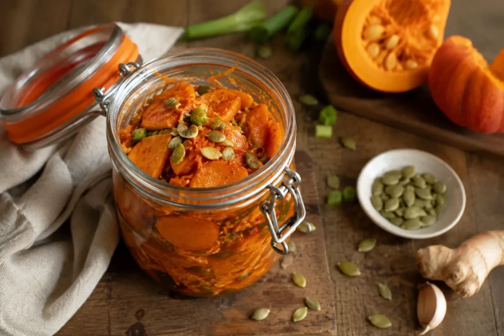Kimchi douceur maison au potimarron et butternut dans un bocal Le Parfait ouvert, avec graines de courge, cébette et gingembre sur table rustique.