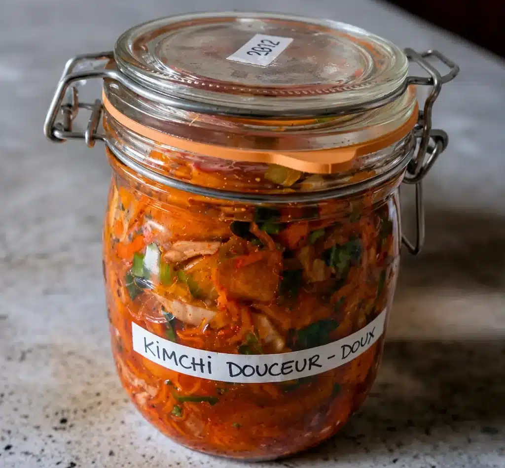 kimchi douceur bocal maison en fermentation naturelle sur plan de travail clair