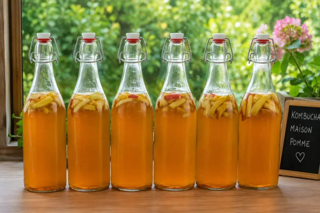 kombucha pétillant maison : Bouteilles alignées sur une table en bois avec fines lamelles de pomme en seconde fermentation et lumière naturelle estivale en arrière-plan