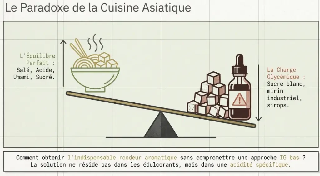 Paradoxe de la cuisine asiatique : équilibre des saveurs et charge glycémique illustrés avec le vinaigre de riz