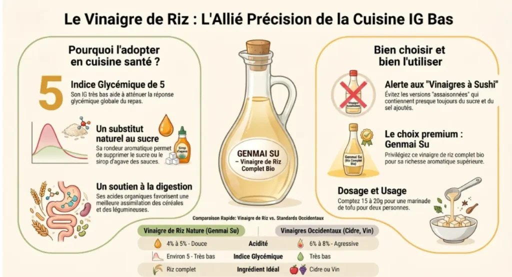 équilibre des saveurs en cuisine IG bas grâce au vinaigre de riz sans ajout de sucre