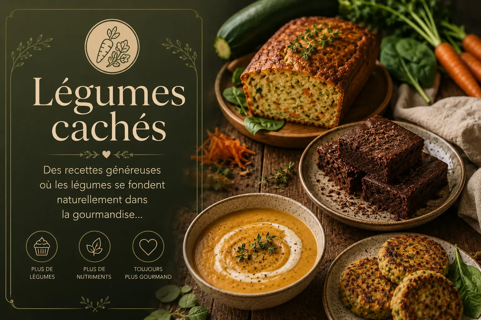 Illustration de la catégorie légumes cachés avec cake salé, gâteau chocolat, soupe veloutée et recettes gourmandes aux légumes dissimulés sur table rustique sombre