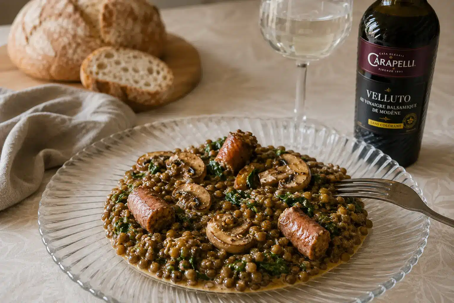 Lentilles umami aux merguez servies avec champignons dorés et pousses d’épinards dans une grande assiette en verre