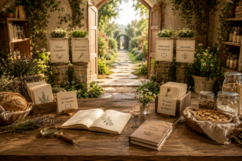Grande table culinaire avec pain, fiches de recettes, accès pratiques et chemin lumineux représentant les grands repères du site Saines & Gourmandes