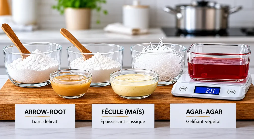 Liants IG bas : Comparatif de liants IG bas avec arrow-root, fécule de maïs et agar-agar présentés sur un plan de travail de cuisine avec textures épaississantes et gélifiantes.