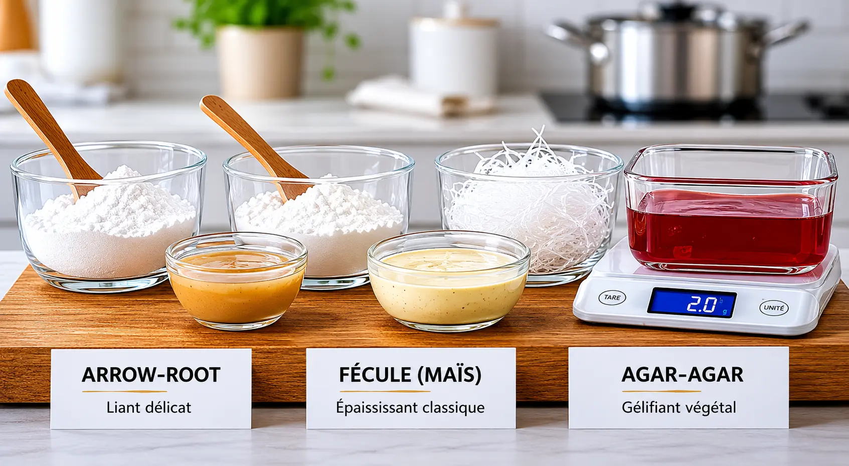 Arrow-root, fécule de maïs et agar-agar présentés comme différents liants et épaississants sur un plan de travail de cuisine.