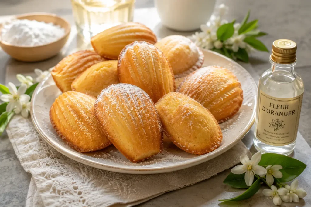 Madeleines dorées parfumées à la fleur d’oranger avec bouteille d’eau florale et fleurs blanches