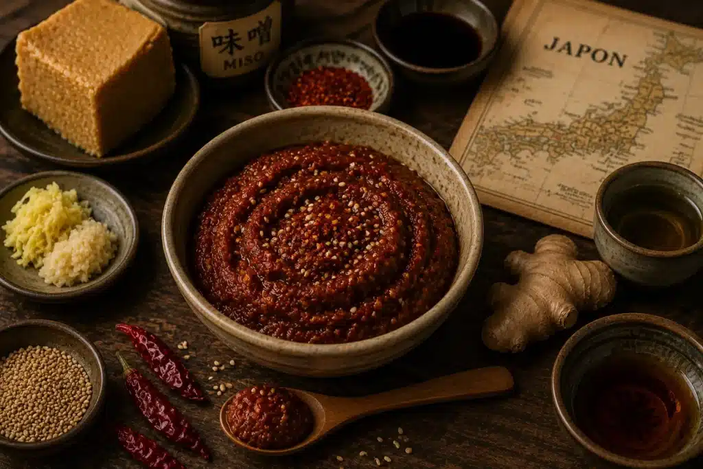 miso pimenté japonais dans un bol artisanal avec pâte fermentée, gingembre, sésame, sauce soja et carte ancienne du Japon sur table rustique asiatique
