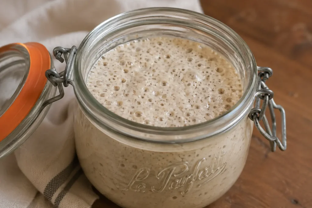 levain actif dans un bocal en verre avec bulles visibles en surface, fermentation en cours sur plan de travail