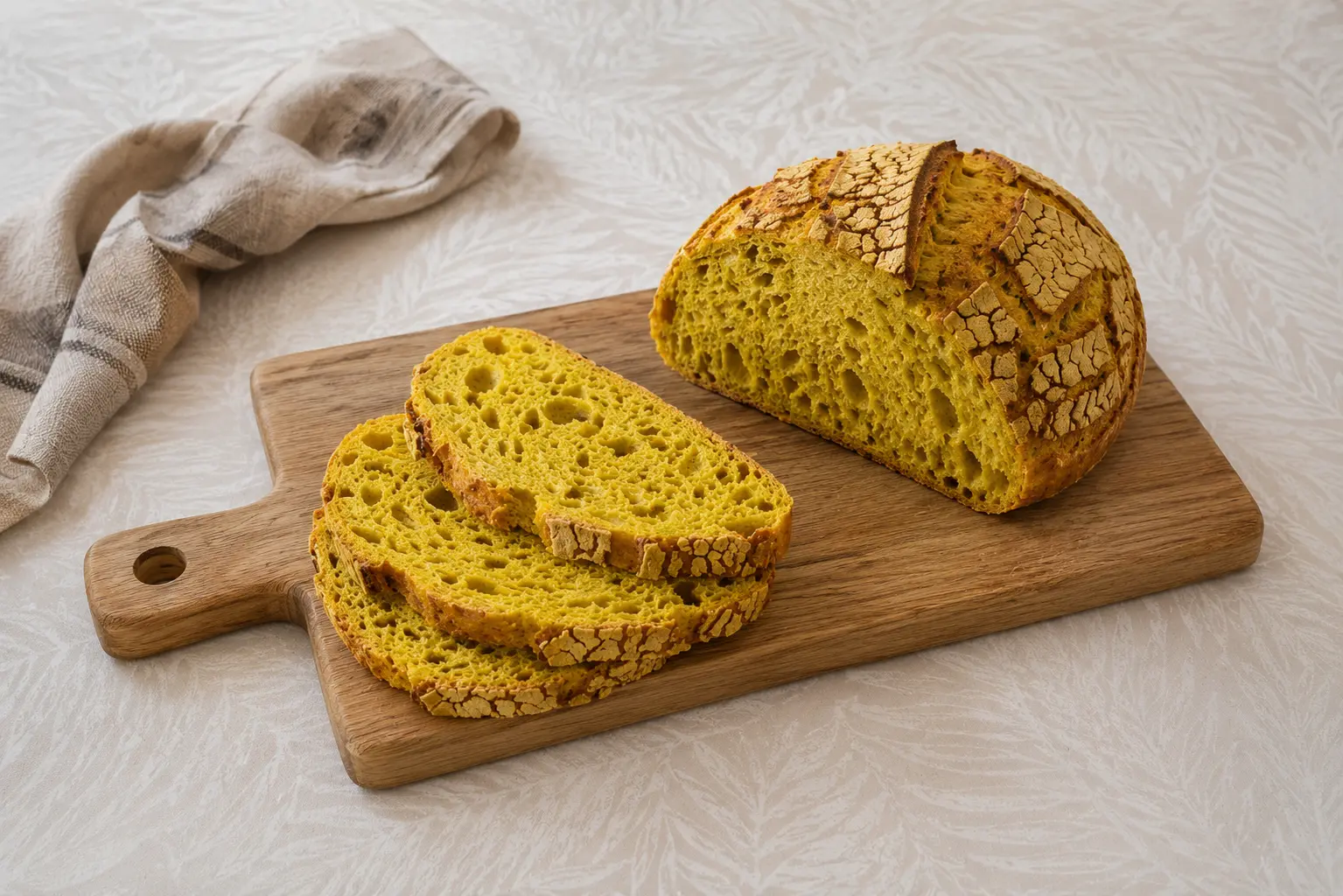 Pain de maïs tigré au curcuma tranché sur planche en bois avec croûte léopard dorée et mie jaune alvéolée