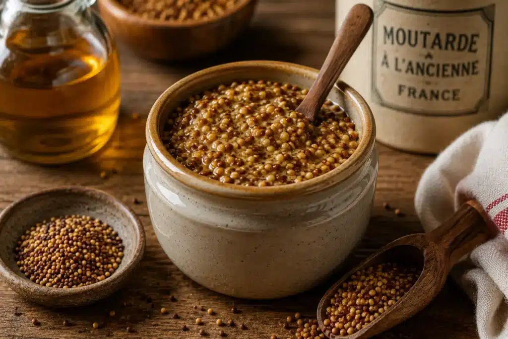 moutarde à l’ancienne maison avec graines blondes et brunes apparentes dans un pot en grès artisanal sur table rustique française