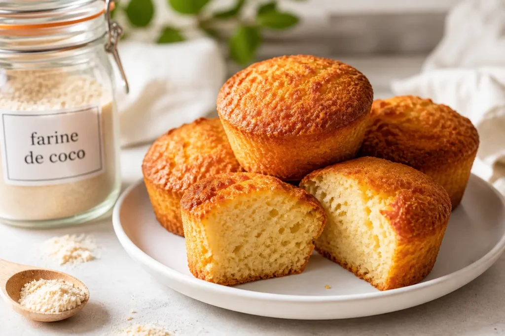 Muffins à la farine de coco dorés et moelleux avec mie aérée présentés sur une assiette