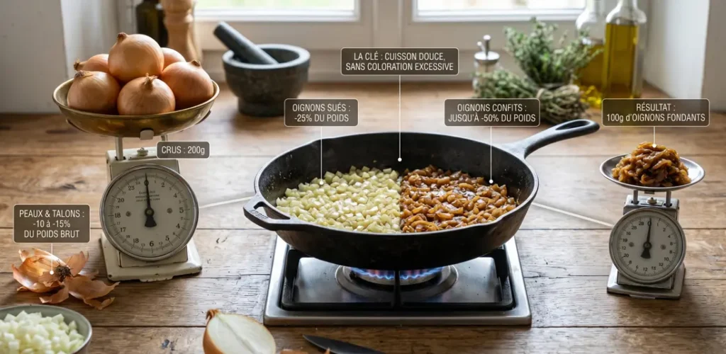 préparation culinaire montrant la transformation de l’oignon à la cuisson avec balance, perte de poids, oignons crus, oignons sués et oignons confits dans une poêle.