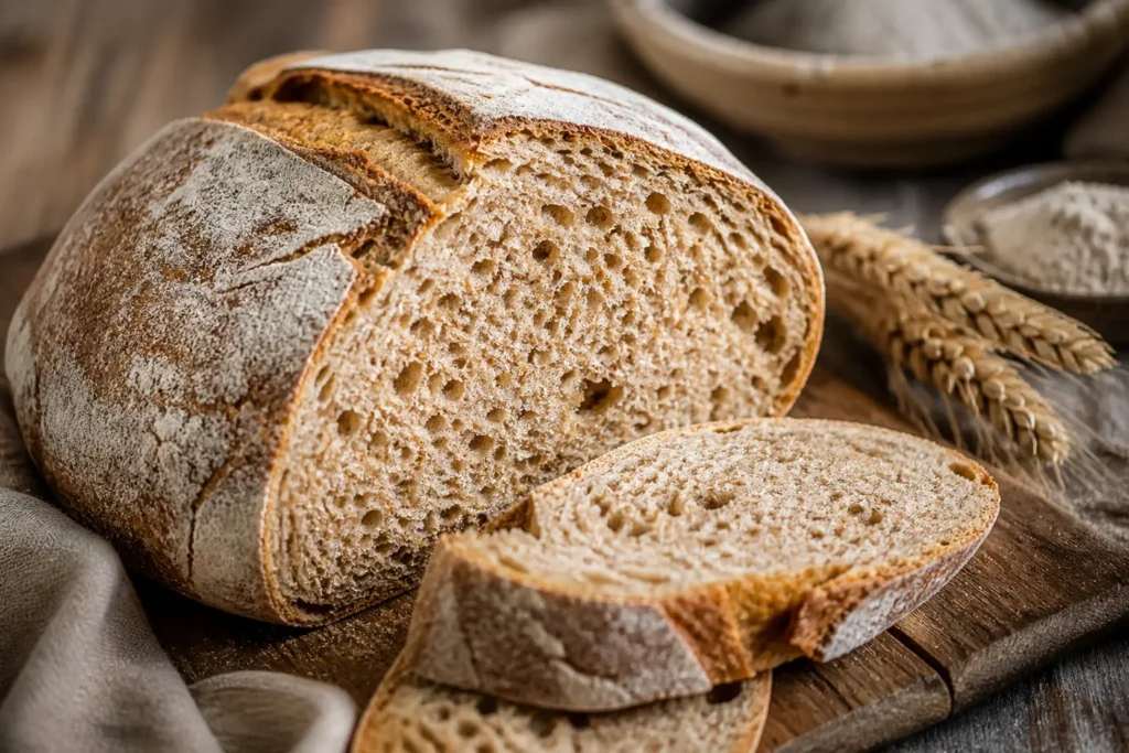 pain rustique à la farine T150 coupé avec mie dense et alvéolée sur planche en bois