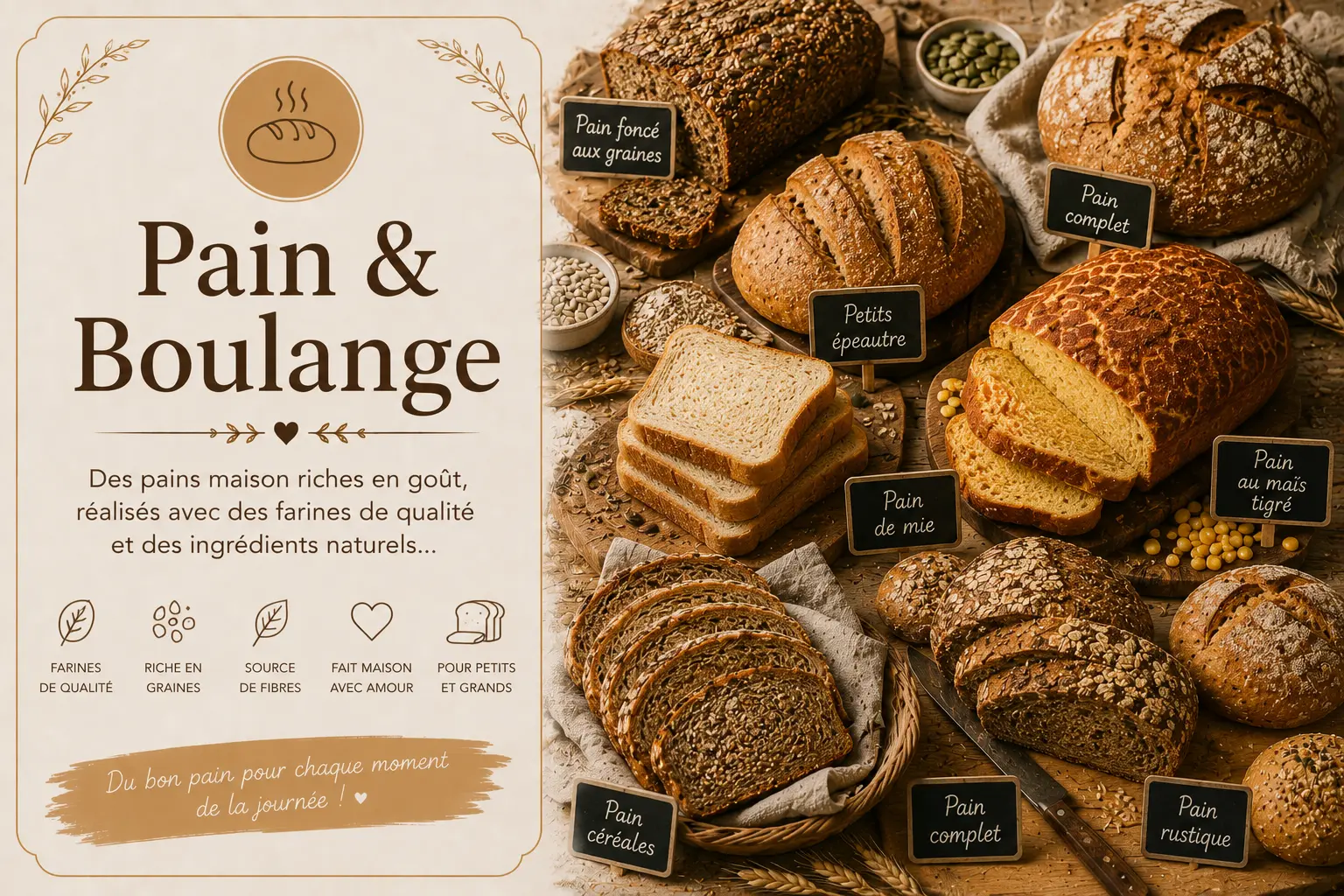 Pain et boulange : illustration avec pains au levain, brioches, miches rustiques et pains tranchés dans une ambiance chaleureuse de boulangerie artisanale