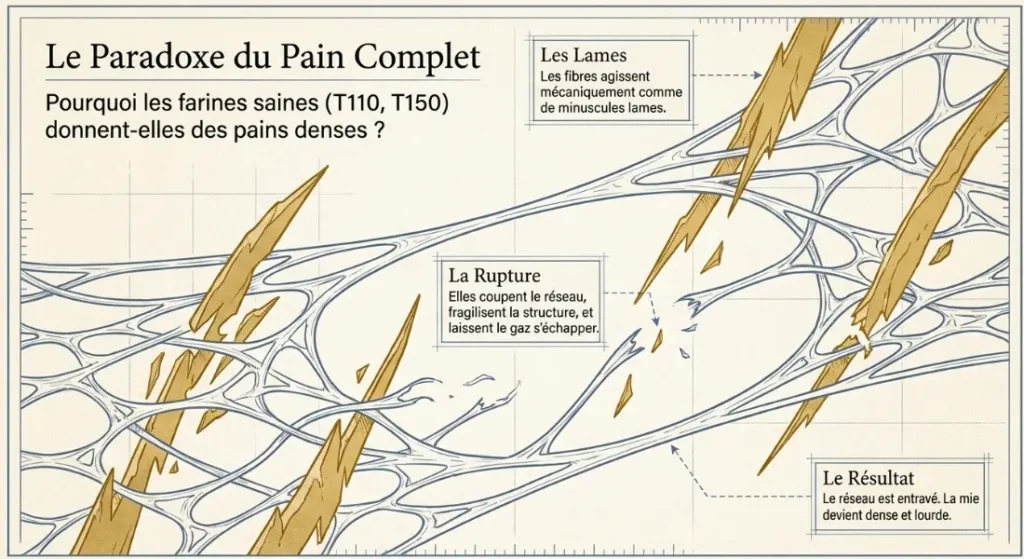 fibres de farine complète coupant le réseau de gluten dans une pâte à pain