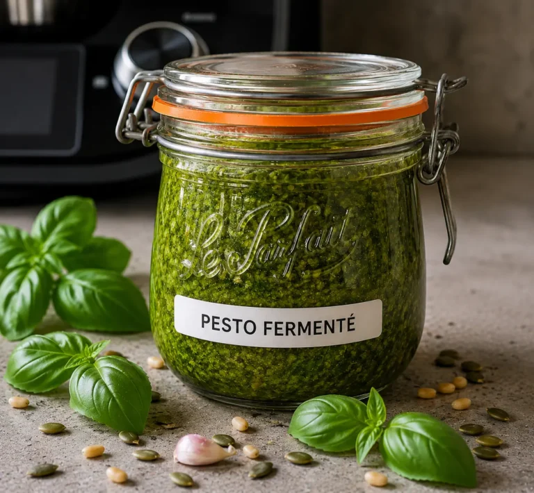 Pesto fermenté maison dans un bocal Le Parfait avec basilic frais sur plan de travail