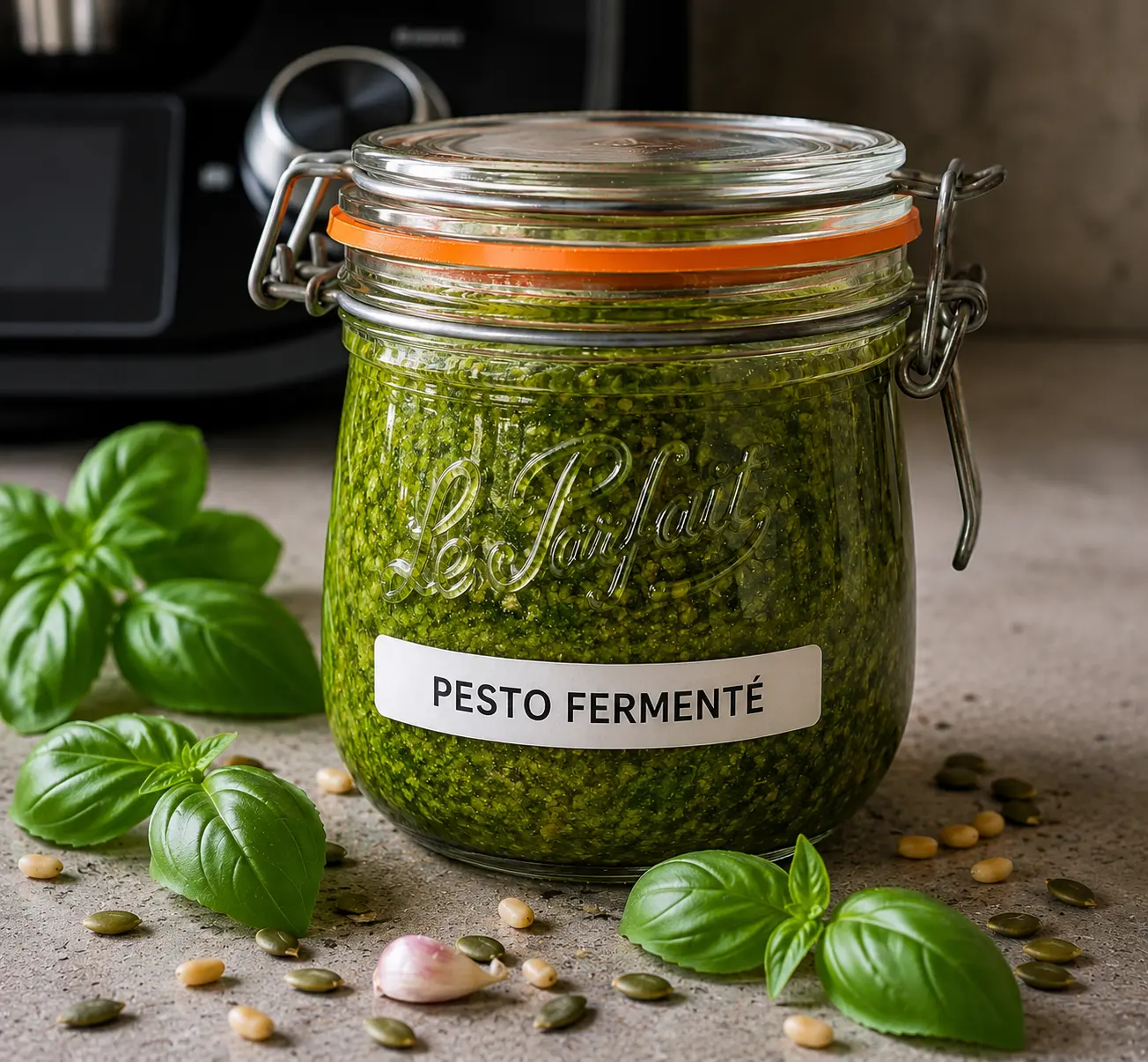 Pesto fermenté maison dans un bocal Le Parfait avec basilic frais sur plan de travail