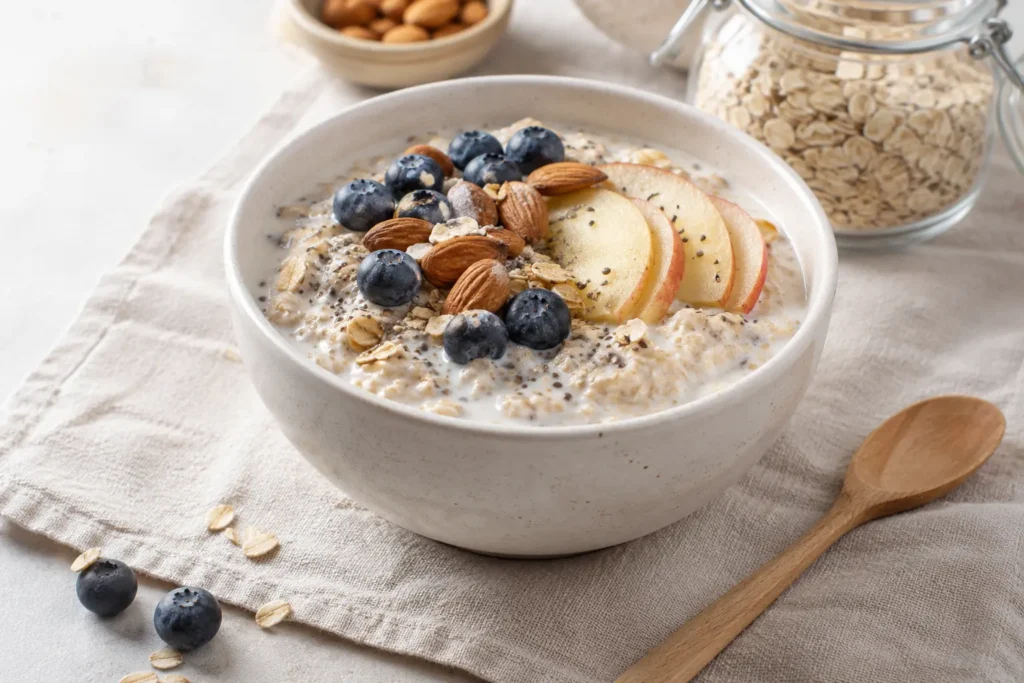 Overnight oats crémeux aux gros flocons d’avoine avec fruits et oléagineux dans un bol clair
