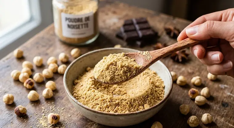 Poudre de noisette dans une cuillère en bois avec noisettes entières sur plan de travail rustique