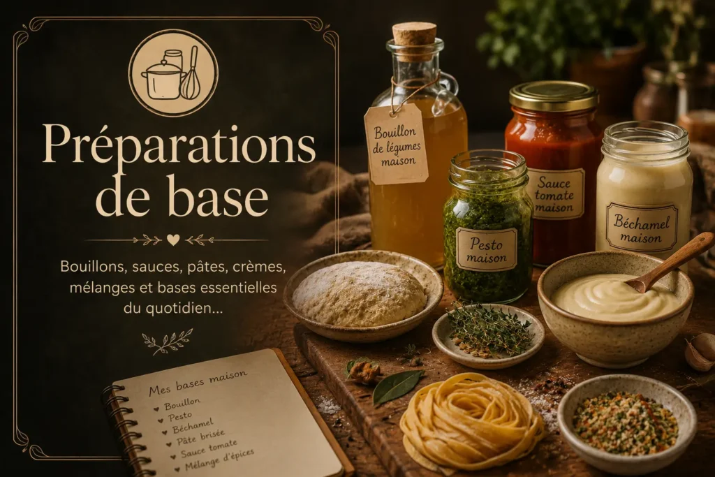 Catégorie préparations de base Saines & Gourmandes avec sauces maison, bocaux, crèmes et ingrédients du quotidien
