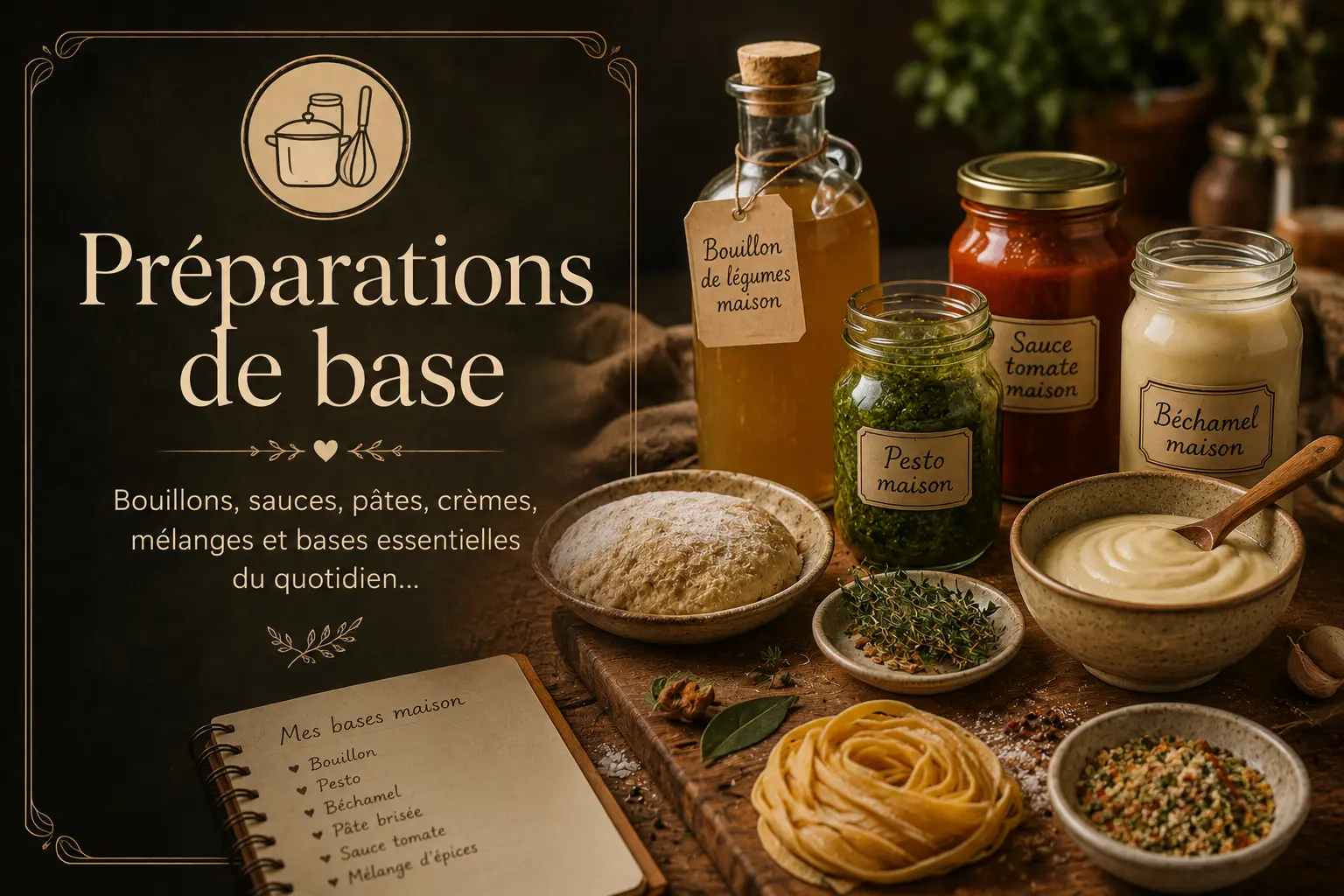 Préparations de base : illustration avec sauces maison, pâtes, bocaux, bouillon et ingrédients de cuisine artisanale sur table chaleureuse rustique