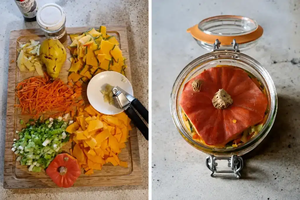 Kimchi douceur : Double photo montrant les légumes découpés pour un kimchi douceur maison et un bocal Le Parfait rempli de légumes fermentés maintenus sous une tranche de courge.