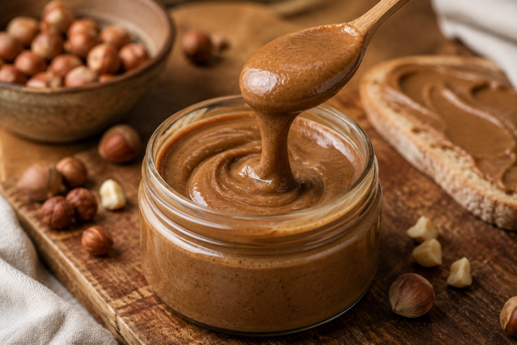 Purée de noisette maison dans un bocal avec cuillère en bois et noisettes entières