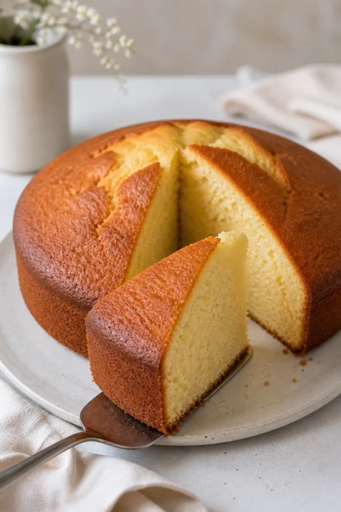 quatre-quarts sans gluten doré avec part découpée montrant une mie moelleuse