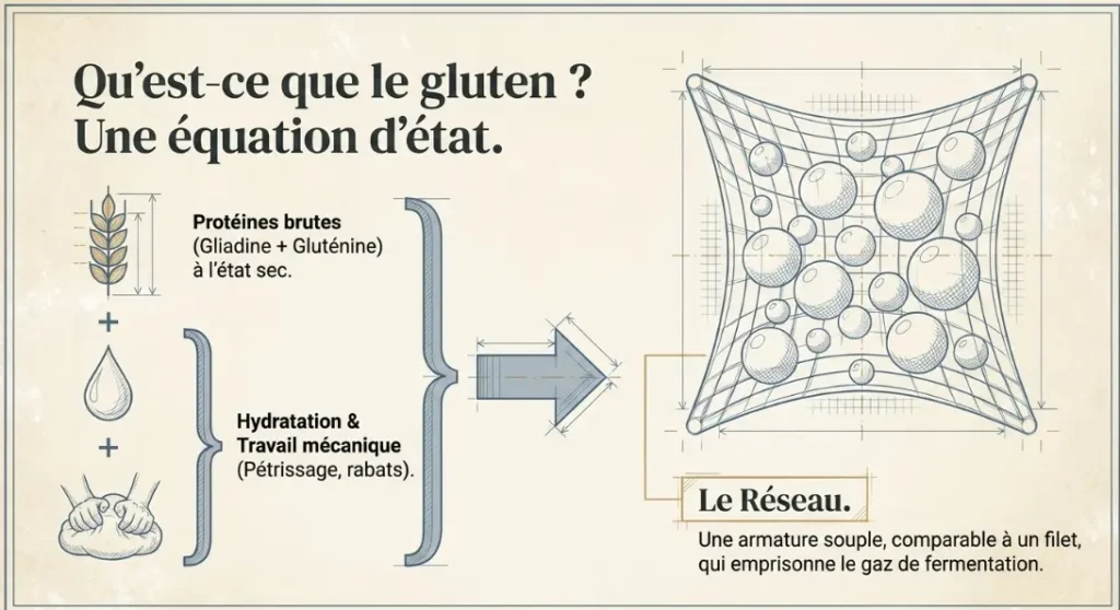 réseau de gluten formé par hydratation et pétrissage dans une pâte à pain