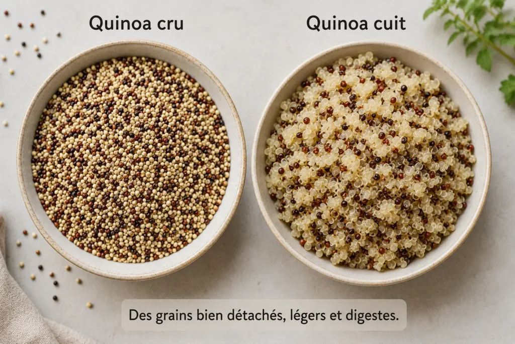 Graines de quinoa crues et quinoa cuit avec grains bien détachés